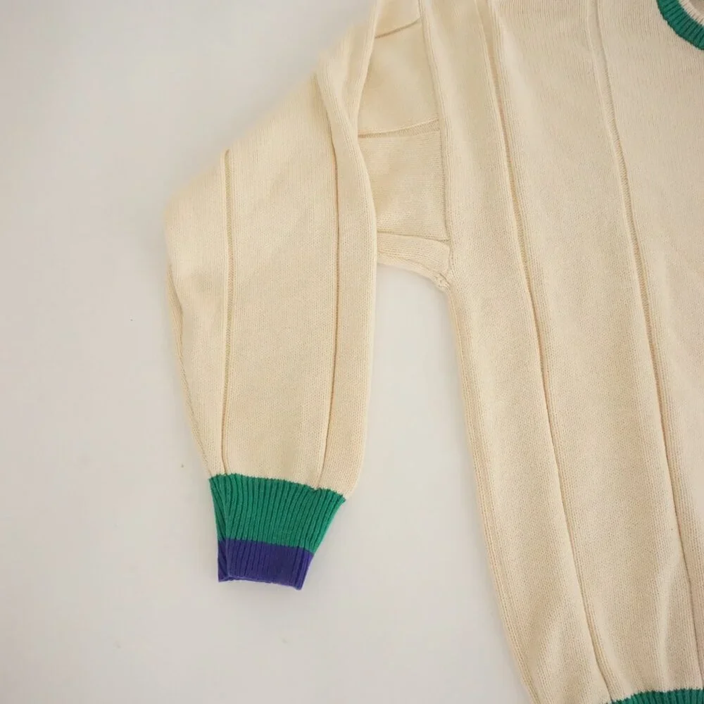 Gant Cream Cotton Ribbed Knit Sweater Green Trim Preppy Collegiate Old Money L - Picture 7 of 9